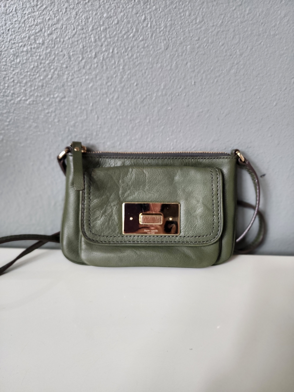 Kate Spade Olive Green Leather Crossbody Mini Bag Gold Turn Lock